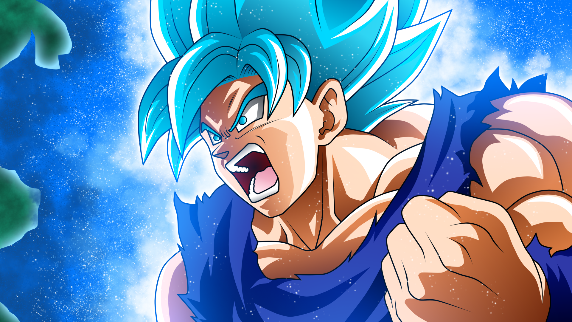 HD desktop wallpaper featuring Goku from Dragon Ball Super in an intense moment, displaying his blue Super Saiyan form with a dynamic background of blue and white energy.