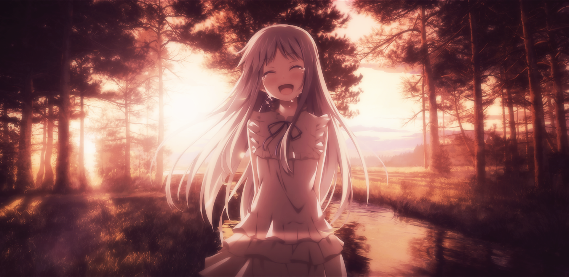 HD desktop wallpaper featuring Meiko Honma from the anime Anohana, standing in a sunlit forest scene, smiling with her arms behind her back.