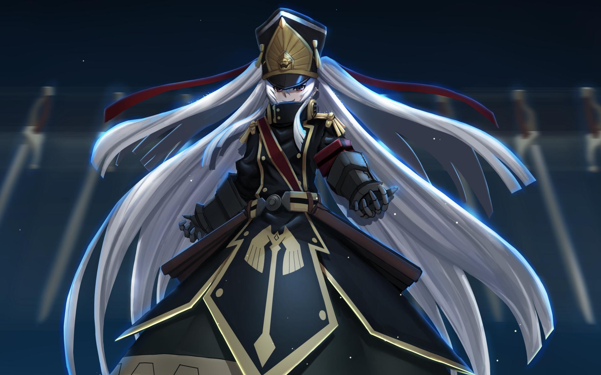 HD desktop wallpaper featuring Gunpuku no Himegimi from the anime series Re:Creators. The character is depicted in a detailed, dynamic pose with flowing hair against a dark background.