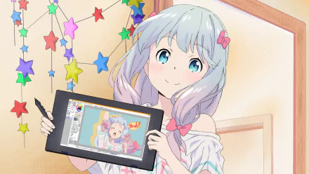 HD desktop wallpaper of Sagiri Izumi from EroManga-Sensei, holding a drawing tablet with a digital illustration. Colorful star decorations hang in the background.