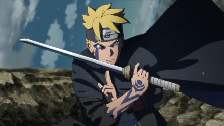 HD PC desktop wallpaper featuring Boruto Uzumaki from the anime Boruto, showcasing his Jōgan eye and wielding a sword in a dynamic pose.