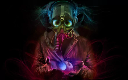 Dark, vivid HD desktop wallpaper featuring a mysterious figure in a gas mask, blending comic and romantically apocalyptic superhero themes with striking colors and shadows.