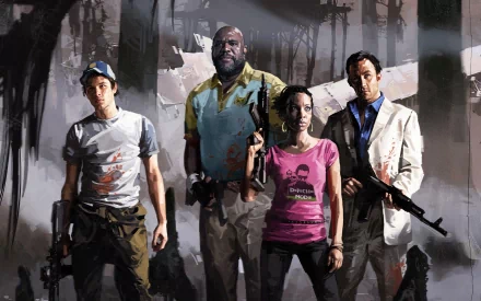 HD desktop wallpaper featuring characters from the video game Left 4 Dead 2, with four survivors standing against a dark, forested background.