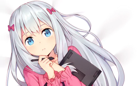 HD desktop wallpaper of Sagiri Izumi from the anime EroManga-Sensei, featuring her with long silver hair, pink outfit, holding a pen and drawing tablet.