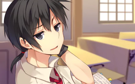 HD PC desktop wallpaper featuring Glenn Radars from the anime Rokudenashi Majutsu Koushi to Akashic Records in a classroom setting.