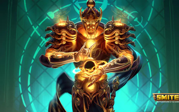 HD PC desktop wallpaper featuring Janus from the video game Smite, showcasing the character in detailed golden armor with a glowing, mystical background.