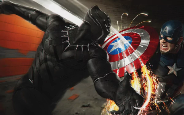 HD desktop wallpaper featuring an intense battle scene from the movie Captain America: Civil War, showcasing Captain America clashing with Black Panther.