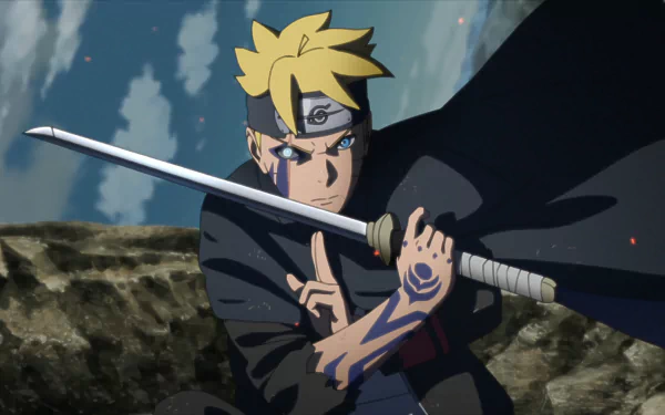 HD PC desktop wallpaper featuring Boruto Uzumaki from the anime Boruto, showcasing his Jōgan eye and wielding a sword in a dynamic pose.