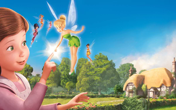 HD PC desktop wallpaper from the movie Tinker Bell and the Great Fairy Rescue: Tinker Bell and other fairies hover above a smiling girl pointing toward a cottage in a sunny meadow.
