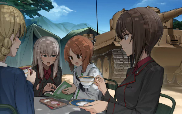 HD PC desktop wallpaper featuring Miho Nishizumi, Maho Nishizumi, Erika Itsumi, and Darjeeling from the anime Girls und Panzer, gathered outdoors near a tank.