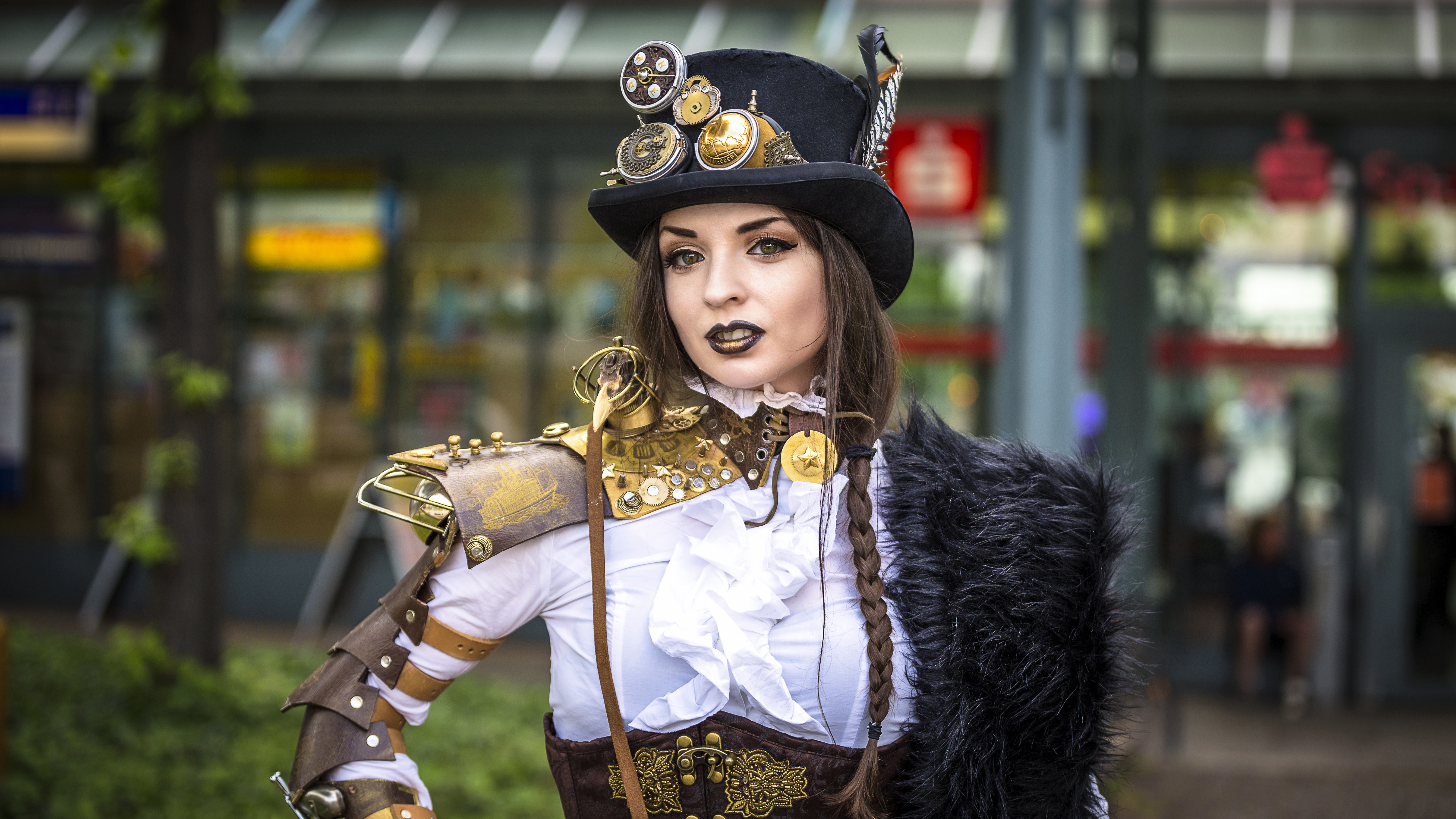 Download Hat Lipstick Braid Brunette Steampunk Woman Cosplay 4k Ultra