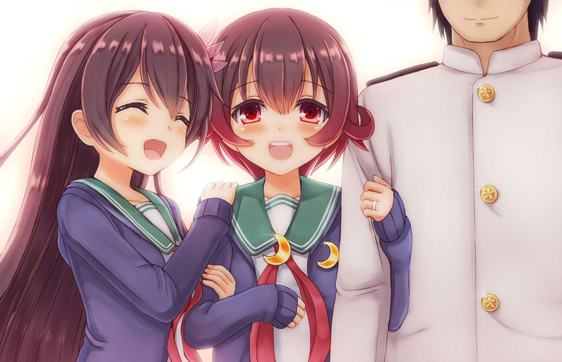 HD anime desktop wallpaper featuring Kisaragi, Mutsuki, and an Admiral from Kantai Collection, showcasing vibrant character designs and warm expressions.