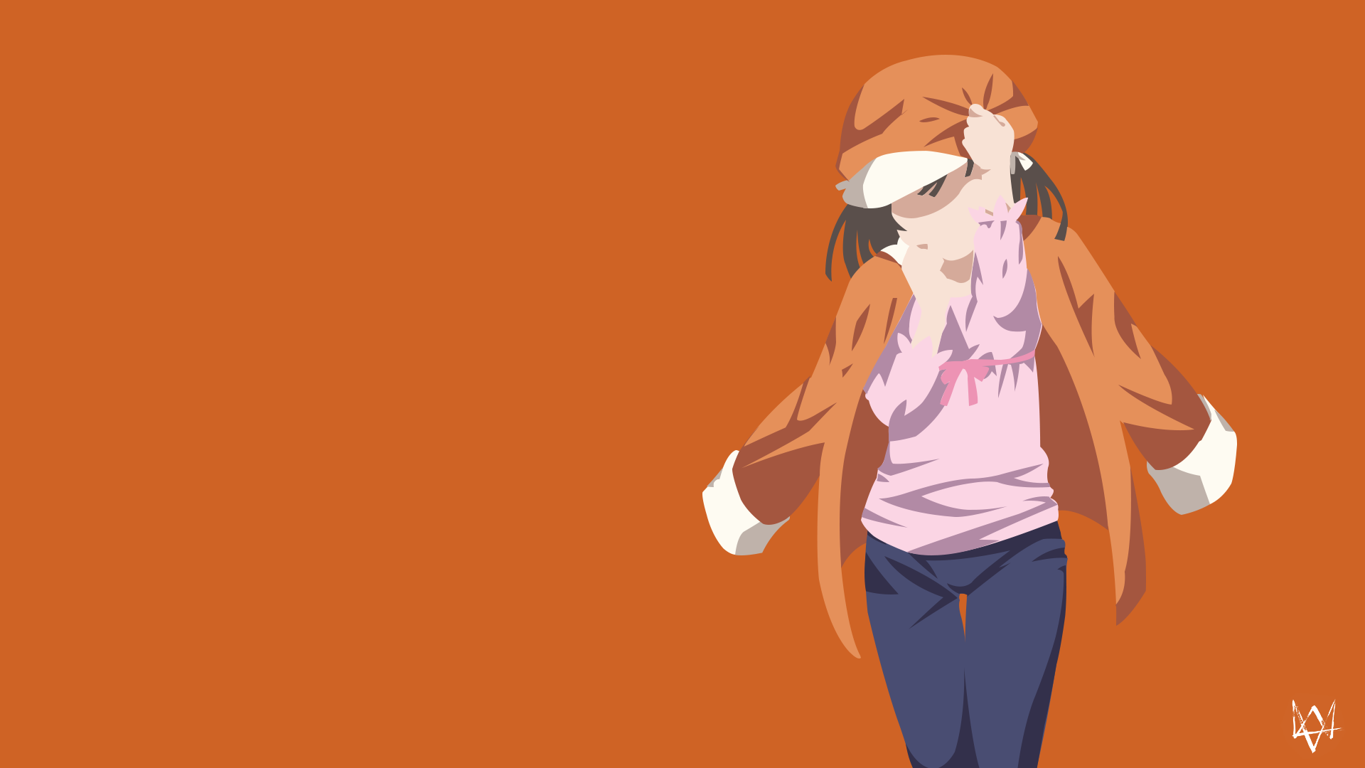 HD PC desktop wallpaper featuring Nadeko Sengoku from the Monogatari anime series, set against a simple orange background.