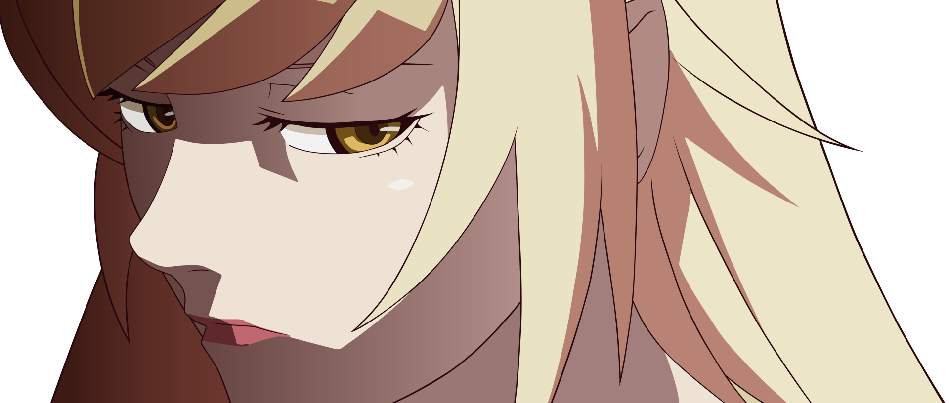 Close-up of Kiss-shot Acerola-orion Heart-under-blade (Shinobu Oshino) from the Monogatari series, stylized anime portrait in 4K Ultra HD as a PC desktop wallpaper/background.