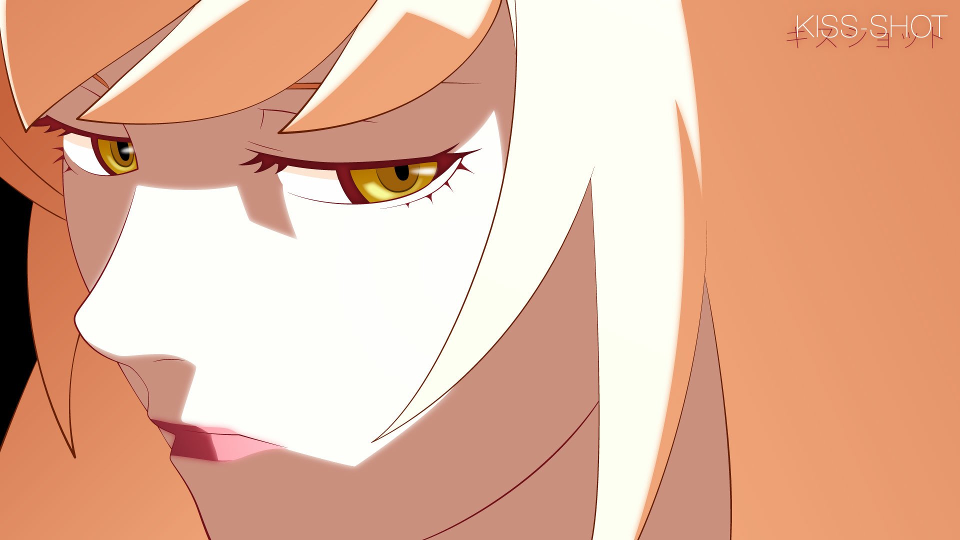 Close-up anime desktop wallpaper of Kiss-shot Acerola-orion Heart-under-blade (Shinobu Oshino) from the Monogatari series — pale profile, golden eyes, orange hair, HD background.