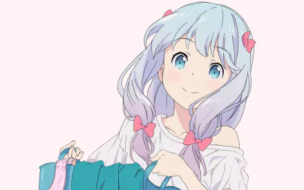 HD wallpaper of Sagiri Izumi from EroManga-Sensei anime, featuring her with a cheerful expression and holding a blue bag against a light background.