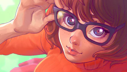 Close-up HD wallpaper of Velma Dinkley from Scooby-Doo, featuring her brown short hair, glasses, freckles, and expressive face in vibrant colors.