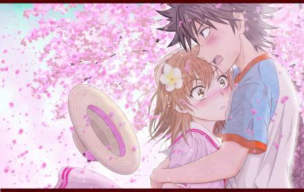 HD desktop wallpaper featuring Kamijou Touma and Mikoto Misaka from the anime A Certain Scientific Railgun, set against a backdrop of cherry blossoms. The scene captures a heartfelt moment between the characters.