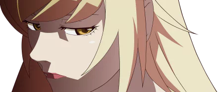 Close-up of Kiss-shot Acerola-orion Heart-under-blade (Shinobu Oshino) from the Monogatari series, stylized anime portrait in 4K Ultra HD as a PC desktop wallpaper/background.