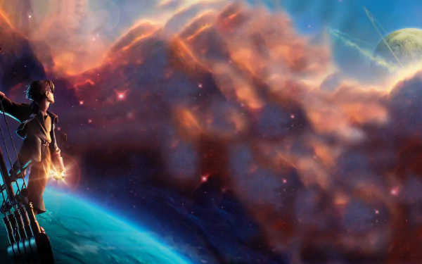 HD PC desktop wallpaper of Jim Hawkins from the movie Treasure Planet, standing on a spaceship with a vibrant cosmic background.