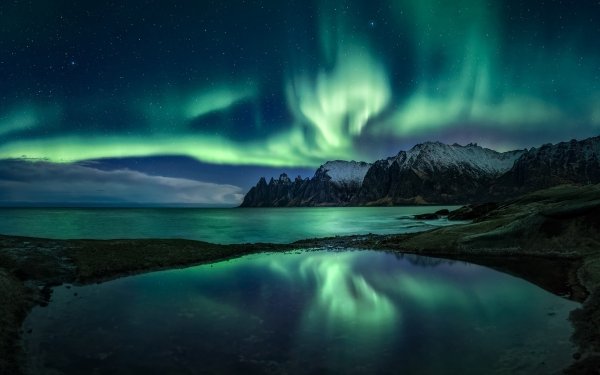 Earth Aurora Borealis Night Nature Lake Mountain Light Starry Sky Horizon Stars HD Wallpaper | Background Image