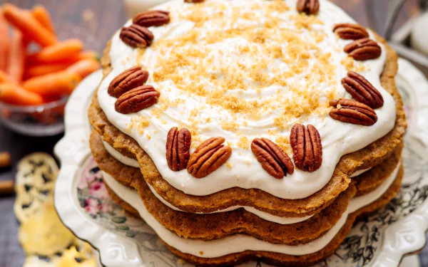 HD desktop wallpaper featuring a layered cream cake topped with whole pecans and crumbs, surrounded by a rustic setting with a bowl of baby carrots in the background.