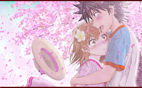 HD desktop wallpaper featuring Kamijou Touma and Mikoto Misaka from the anime A Certain Scientific Railgun, set against a backdrop of cherry blossoms. The scene captures a heartfelt moment between the characters.