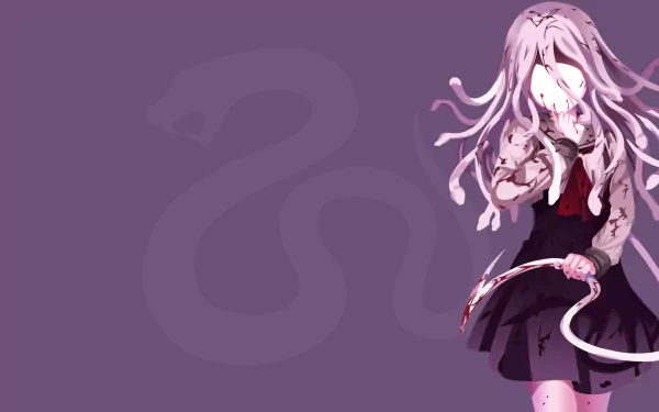 HD PC desktop wallpaper featuring Nadeko Sengoku as Nadeko Medusa from the Monogatari anime series, set against a purple background with a subtle snake design.