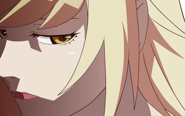 Close-up of Kiss-shot Acerola-orion Heart-under-blade (Shinobu Oshino) from the Monogatari series, stylized anime portrait in 4K Ultra HD as a PC desktop wallpaper/background.