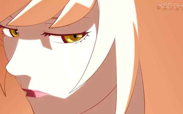 Close-up anime desktop wallpaper of Kiss-shot Acerola-orion Heart-under-blade (Shinobu Oshino) from the Monogatari series — pale profile, golden eyes, orange hair, HD background.