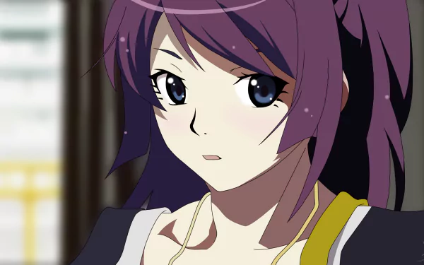 HD desktop wallpaper featuring Hitagi Senjōgahara from the Monogatari series with a focused expression and detailed anime-style art.
