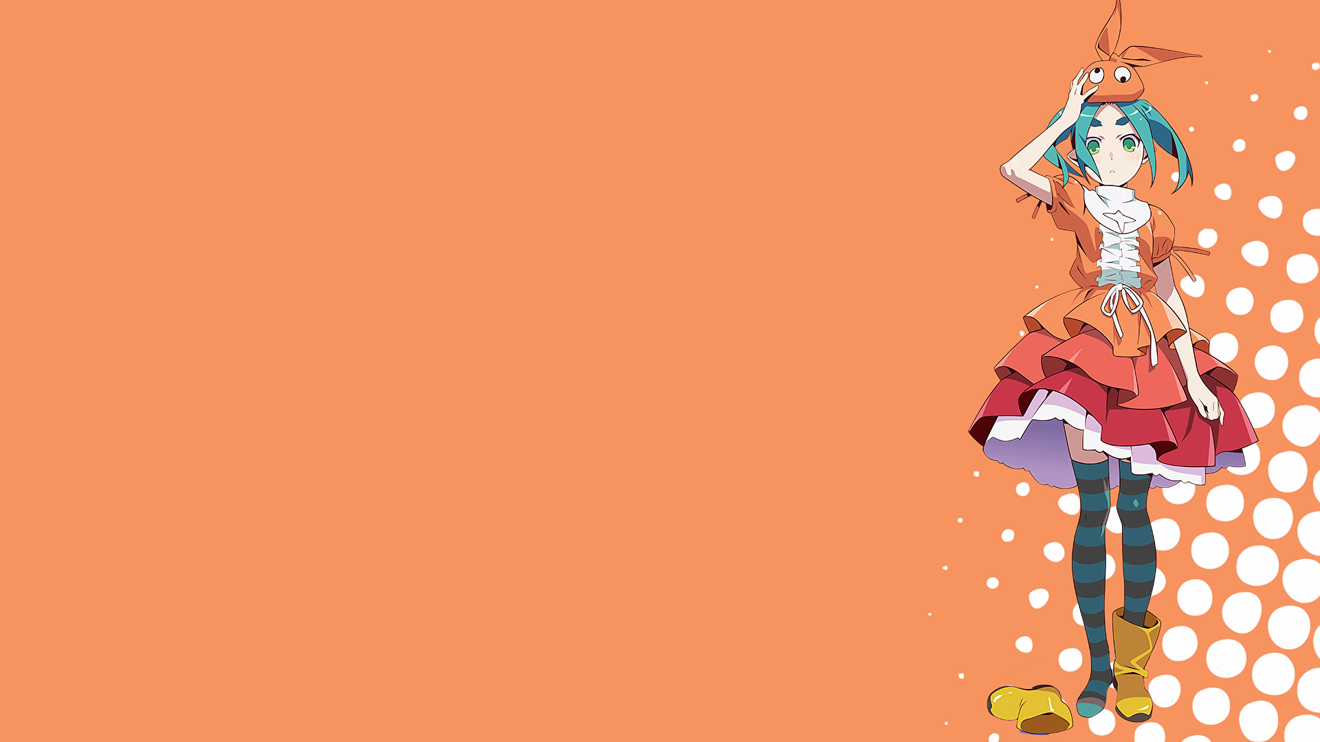 HD PC desktop wallpaper of Yotsugi Ononoki from the Monogatari series: stylized anime girl in a colorful dress and striped stockings standing against a bright orange background.