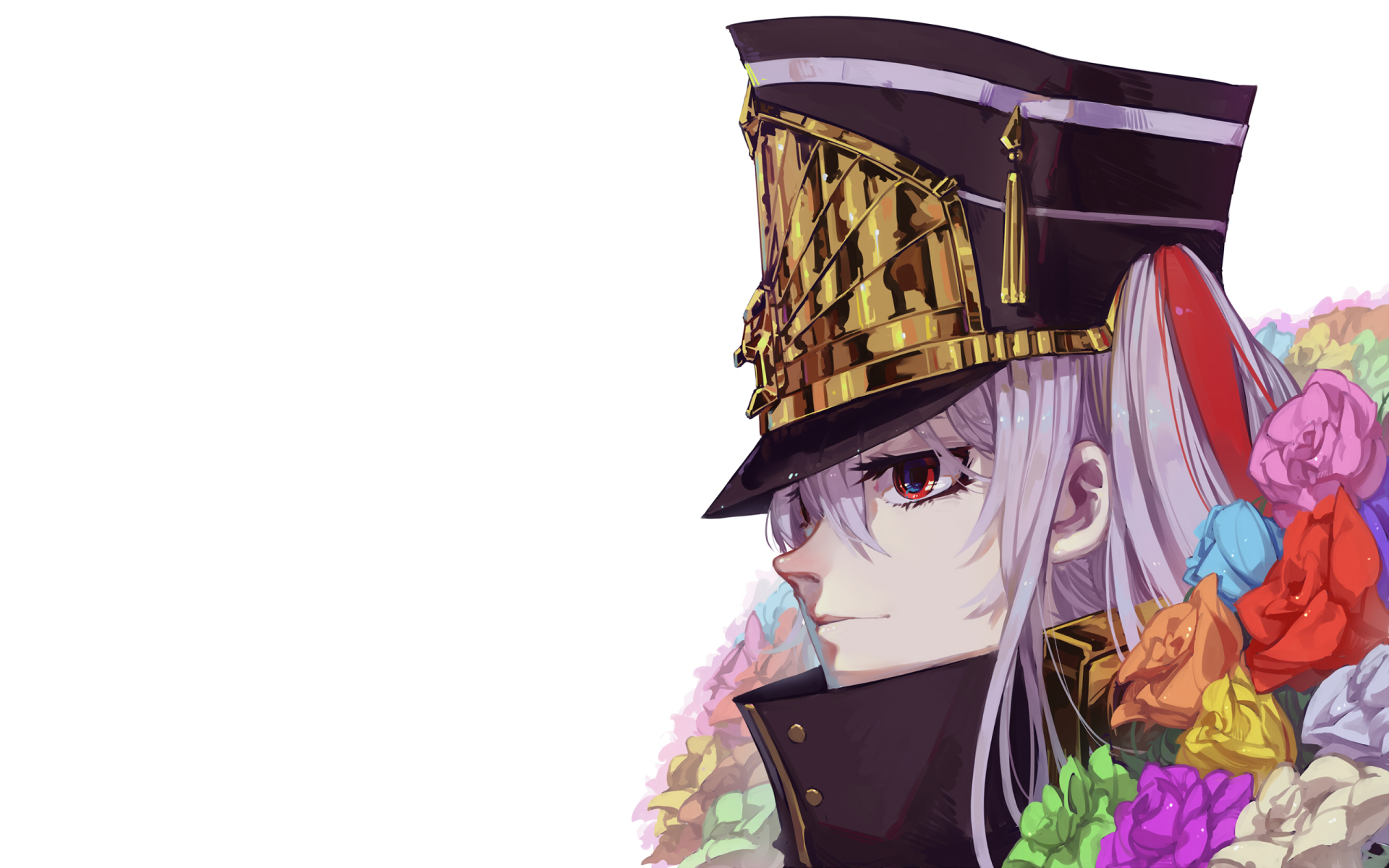 HD desktop wallpaper of Altair (Re:Creators) known as Gunpuku no Himegimi from the anime Re:Creators. The character is in a military-style hat with colorful flowers surrounding them.