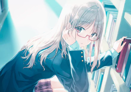 HD desktop wallpaper of an anime girl with long hair and red glasses, wearing a blue school uniform, reaching for a book on a shelf.