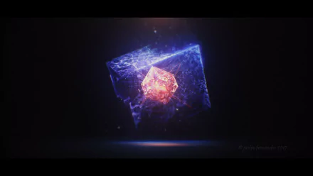 Abstract HD desktop wallpaper featuring a glowing cube with vibrant purple and red light effects suspended in a dark space.