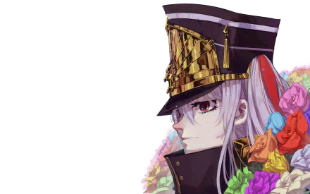 HD desktop wallpaper of Altair (Re:Creators) known as Gunpuku no Himegimi from the anime Re:Creators. The character is in a military-style hat with colorful flowers surrounding them.