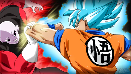 HD PC desktop wallpaper featuring an intense battle scene from the anime Dragon Ball Super, showcasing Goku in his blue Super Saiyan form clashing with an opponent.