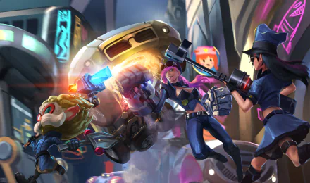 HD PC wallpaper featuring League of Legends characters VI, Caitlyn, and Heimerdinger in action within a vibrant futuristic cityscape.