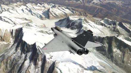 Dassault Rafale jet fighter aircraft from X-Plane 11 flies over snow-covered mountains — 4K Ultra HD PC desktop wallpaper and background.