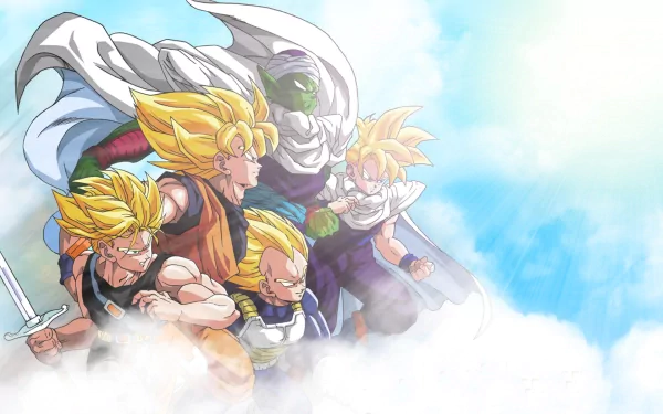 HD desktop wallpaper featuring Dragon Ball Z characters Vegeta, Trunks, Goku, Gohan, and Piccolo in a dynamic, cloud-filled sky scene.
