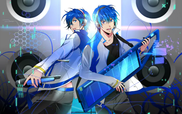 HD PC desktop wallpaper featuring Kaito from Vocaloid in vibrant anime style, holding a keytar with large speakers and digital effects in the background.