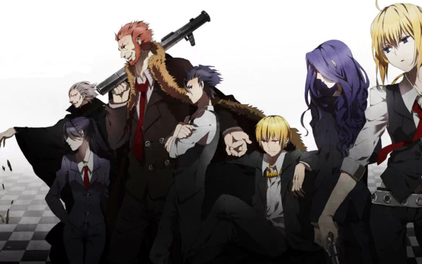 A striking HD wallpaper featuring characters from Fate/Zero, including Lancer, Caster, Berserker, Assassin, Rider, Archer, and Saber, set against a stylish backdrop.