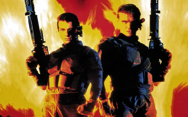 Two armored soldiers stand back-to-back, holding large rifles against a blazing orange background — Universal Soldier movie poster–style HD desktop wallpaper.