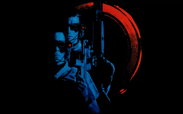 HD PC desktop wallpaper for the movie Universal Soldier: blue-toned soldiers with guns against a black background and a distressed red crescent.