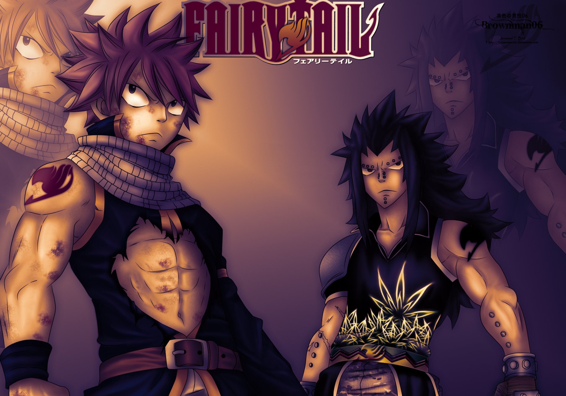 HD PC desktop wallpaper: Fairy Tail anime scene with Natsu Dragneel and Gajeel Redfox standing side-by-side, intense expressions, moody lighting.