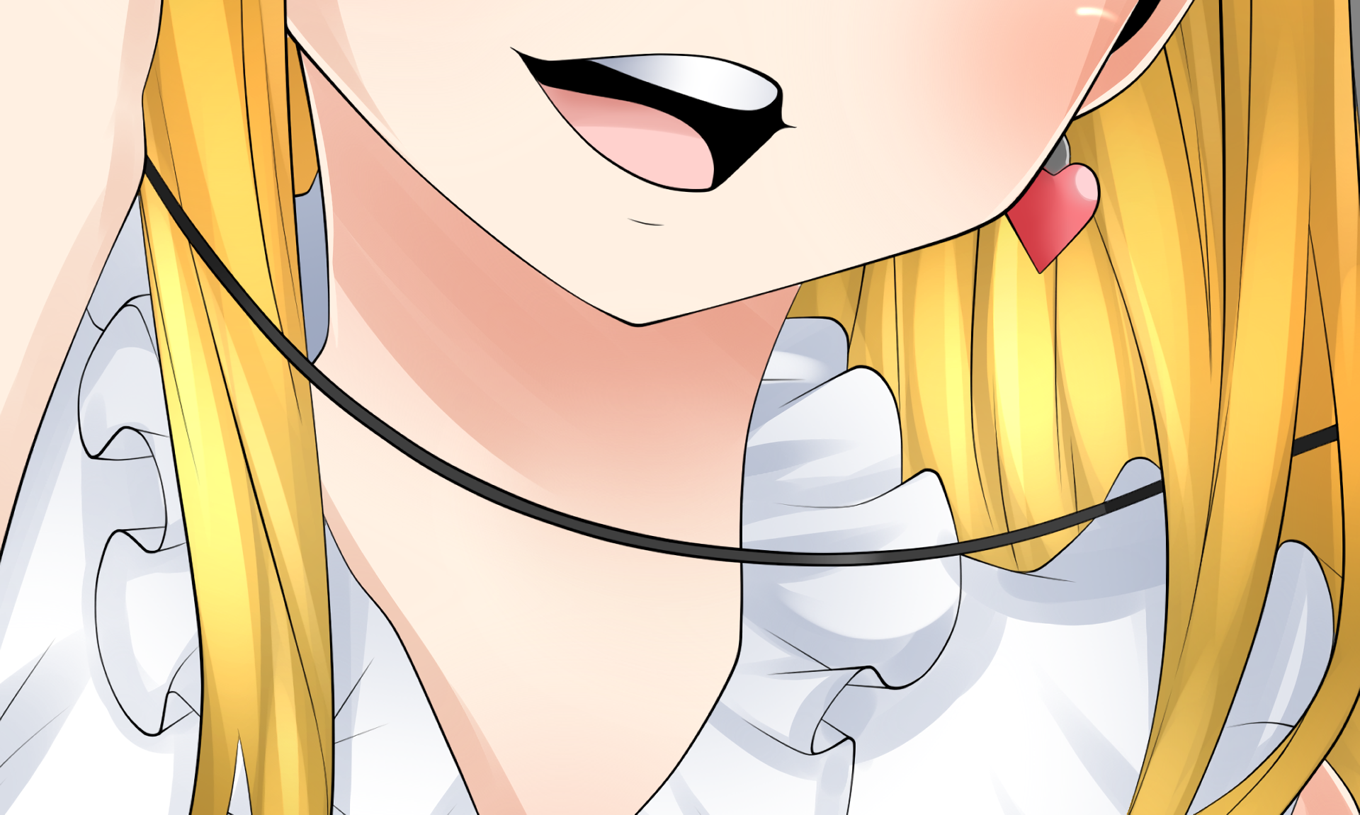 Close-up HD anime wallpaper of Lucy Heartfilia from Fairy Tail, showcasing her cheerful expression and iconic blonde hair with heart-shaped earrings.