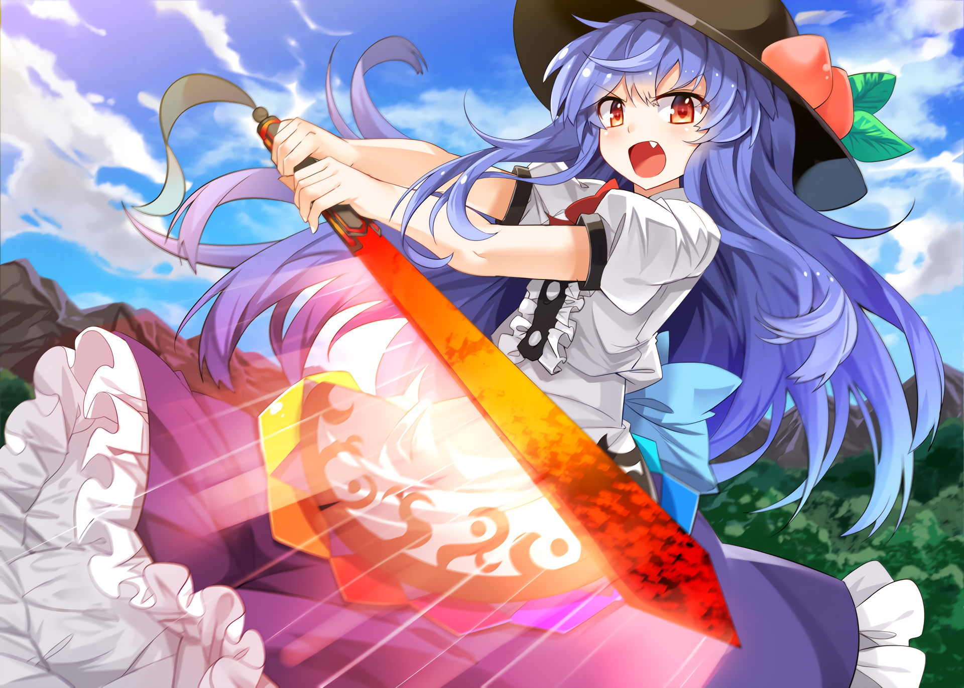 HD anime desktop wallpaper featuring Tenshi Hinanawi from Touhou, wielding a glowing sword against a vivid sky and lush background.