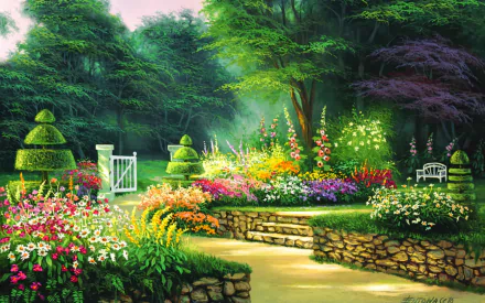 A vibrant spring garden features colorful flowers, a stone pathway, and a white bench under lush trees, creating an inviting atmosphere in this artistic HD painting.
