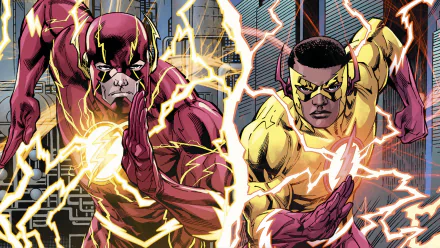 HD desktop wallpaper of Barry Allen (The Flash) and Wallace West (Kid Flash) from DC Comics, showcasing them in action with vibrant lightning effects.