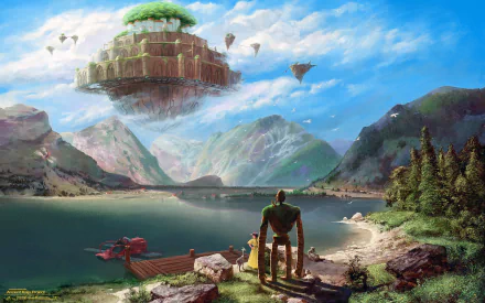 HD desktop wallpaper featuring a scenic view from Laputa: Castle in the Sky. An island floats above a tranquil lake amidst mountains, with characters gazing at the mesmerizing landscape.